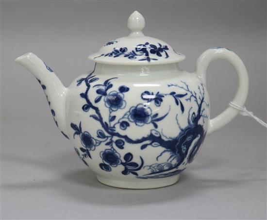 A rare Worcester Prunus Root pattern blue and white miniature teapot and cover, c.1760-5, height 10cm